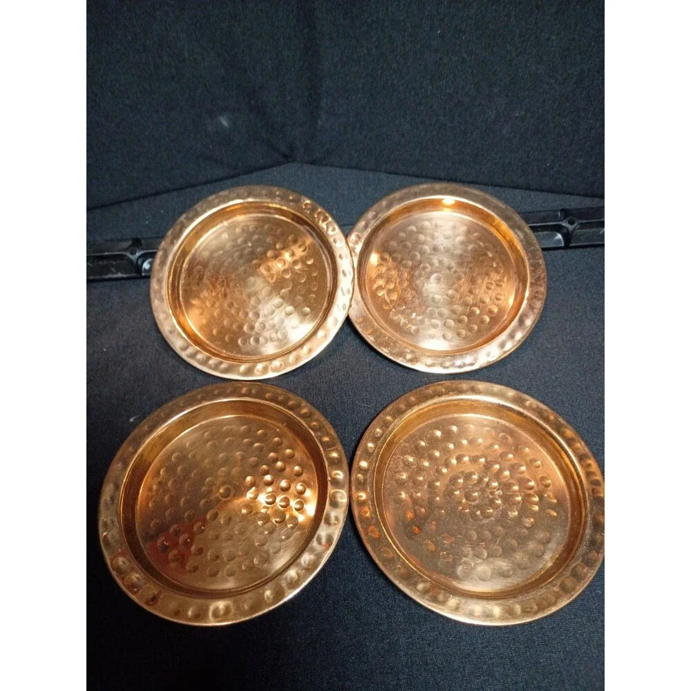 Set of 4 Hammered Copper Coasters Round Rustic Barware Cocktail Drink